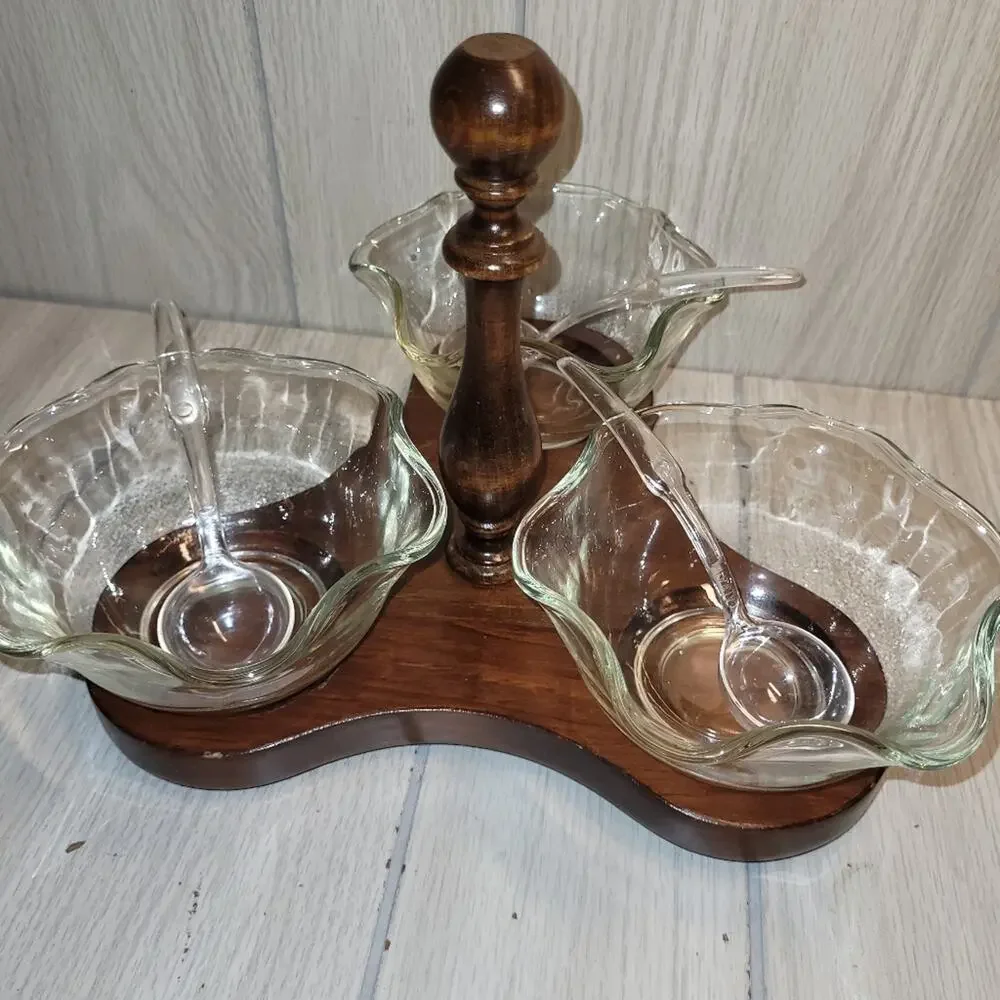 Vtg 70s Handcrafted Cornwall Wood/Glass Condiment Tray Serving Dish Hostess